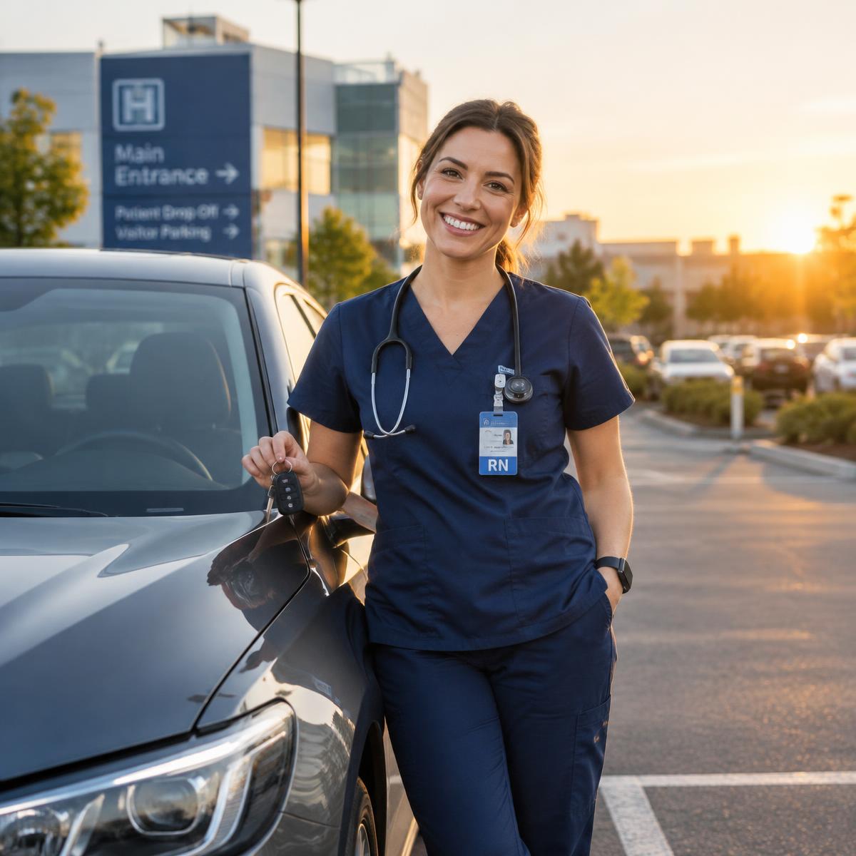 Nurse in scrubs holding car keys beside her new car